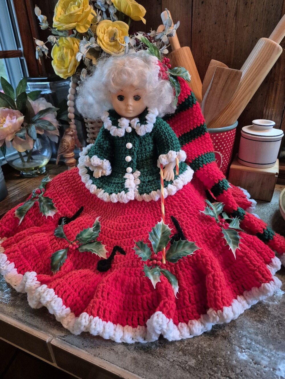 Vintage Christmas Pointsettia Large Crocheted Doll Full Size W/Moveable Limbs